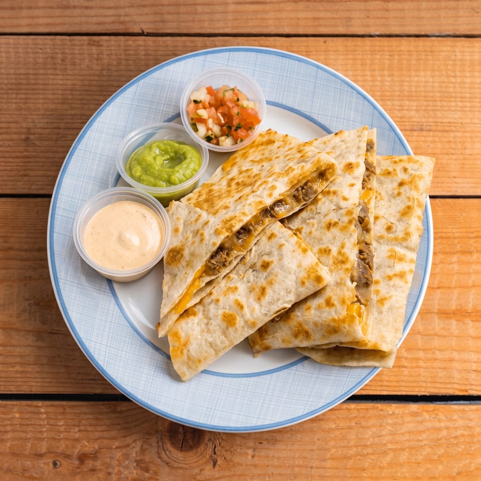 Beef quesadillas with melted cheese, served with guacamole, salsa, and a creamy sauce.