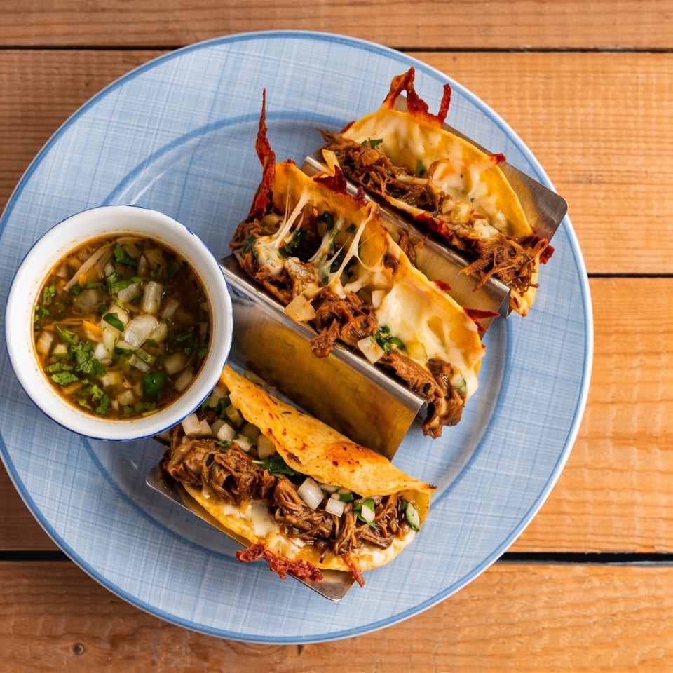 Three cheesy birria tacos with a side of consommé on a blue plate, on a wooden table.